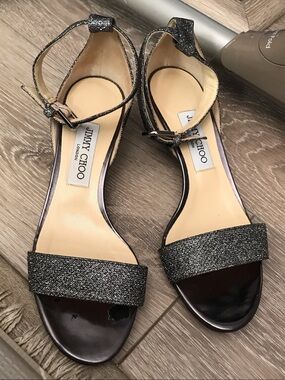 Jimmy Choo Black Glitter Ankle-Strap Sandals with Sparkle Strap